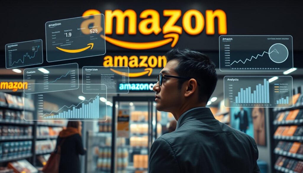 A bustling Amazon storefront set against a backdrop of digital analytics dashboards, showcasing key performance metrics and insights. In the foreground, a thoughtful business executive ponders strategies to optimize advertising campaigns, surrounded by floating data visualizations. Diffused lighting creates a soft, contemplative atmosphere, while a modern, minimalist design style emphasizes the importance of data-driven decision making in the world of Amazon marketing. The scene conveys the challenges and opportunities faced by brands seeking to navigate the ever-evolving Amazon advertising landscape.