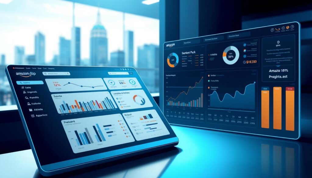 A highly detailed digital illustration depicting an Amazon DSP dashboard interface. The foreground showcases a sleek, minimalist UI with carefully arranged data visualizations, metrics, and campaign management tools. The middle ground features a 3D model of a server rack or data center, hinting at the powerful programmatic technology powering the platform. The background shows a blurred cityscape with skyscrapers, reflecting the global scale and reach of Amazon's advertising network. The lighting is crisp and modern, with cool tones and dramatic shadows to convey a sense of sophistication and innovation. The overall mood is one of technological prowess, data-driven decision-making, and the seamless integration of digital advertising on the Amazon ecosystem.