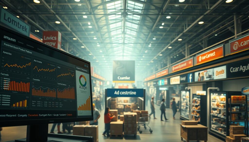 A well-lit, cinematic scene depicting the comparison of various e-commerce advertising platforms. In the foreground, a digital dashboard displays detailed analytics and performance metrics for different ad channels, including Amazon, Google, and Facebook. The middle ground showcases virtual product placements, targeted ad creatives, and a variety of ad formats. In the background, a bustling e-commerce marketplace with various online stores, shoppers, and shipping logistics creates a dynamic, interconnected environment. The overall mood is one of strategic decision-making, data-driven insights, and the evolving landscape of e-commerce advertising.