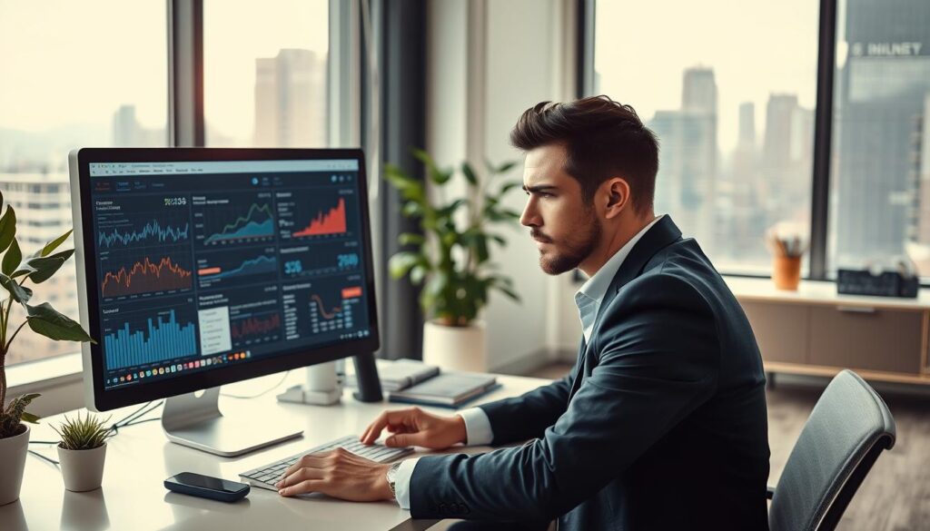 Recognizing ad errors: A bright, well-lit office scene with a professional-looking person sitting at a desk, intently focused on a computer screen. The foreground features various digital advertising metrics and analytics displayed on the screen, along with a concerned expression on the person's face, suggesting they are carefully identifying and addressing errors or issues in the ad campaign. The middle ground shows a modern, minimalist office environment with tasteful decor and furnishings. The background showcases a window with a view of a bustling cityscape, conveying a sense of a high-paced, digital marketing environment. The overall mood is one of professionalism, problem-solving, and the importance of closely monitoring and optimizing digital advertising efforts.